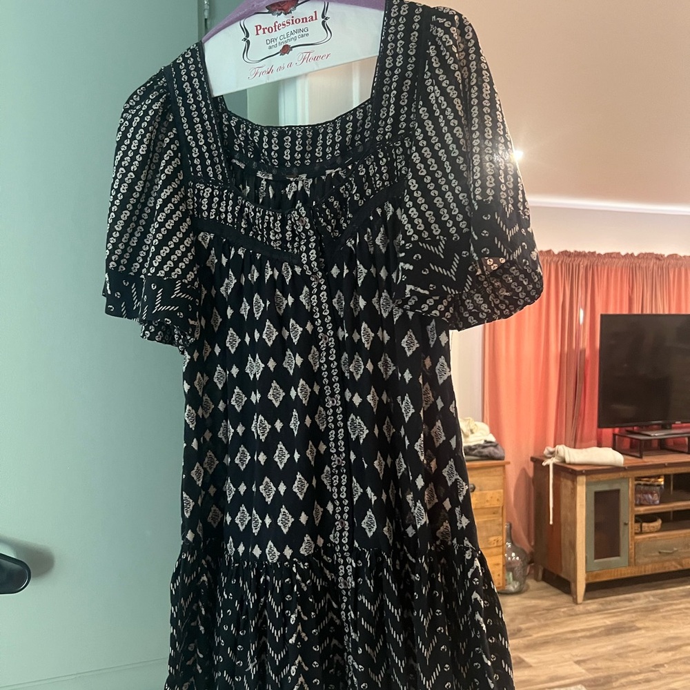 Free People Black and White Ruched Puff Sleeve Mini Dress
